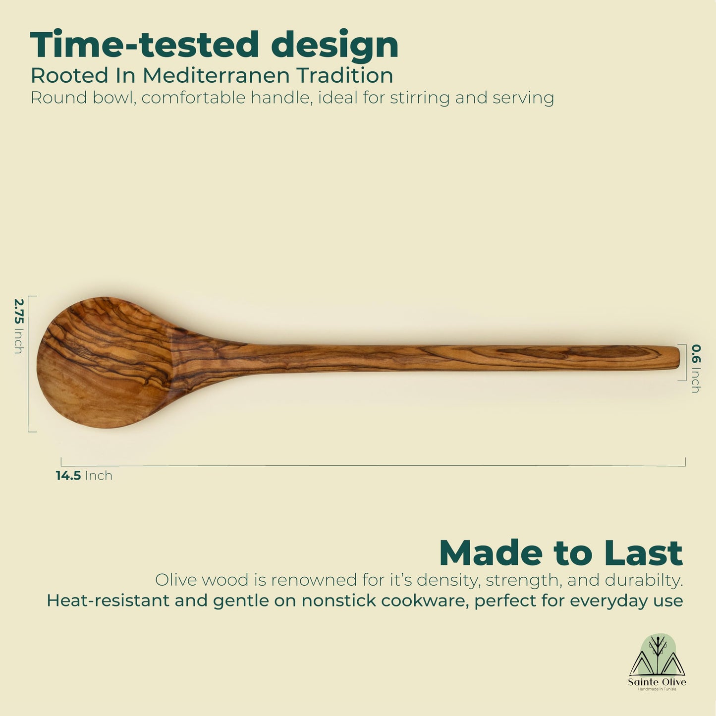 Sainte Olive 14.5 Inch Handmade Natural Olive Wood Cooking Spoon, Heat Resistant, Perfect for Nonstick Pans and Deep Pots