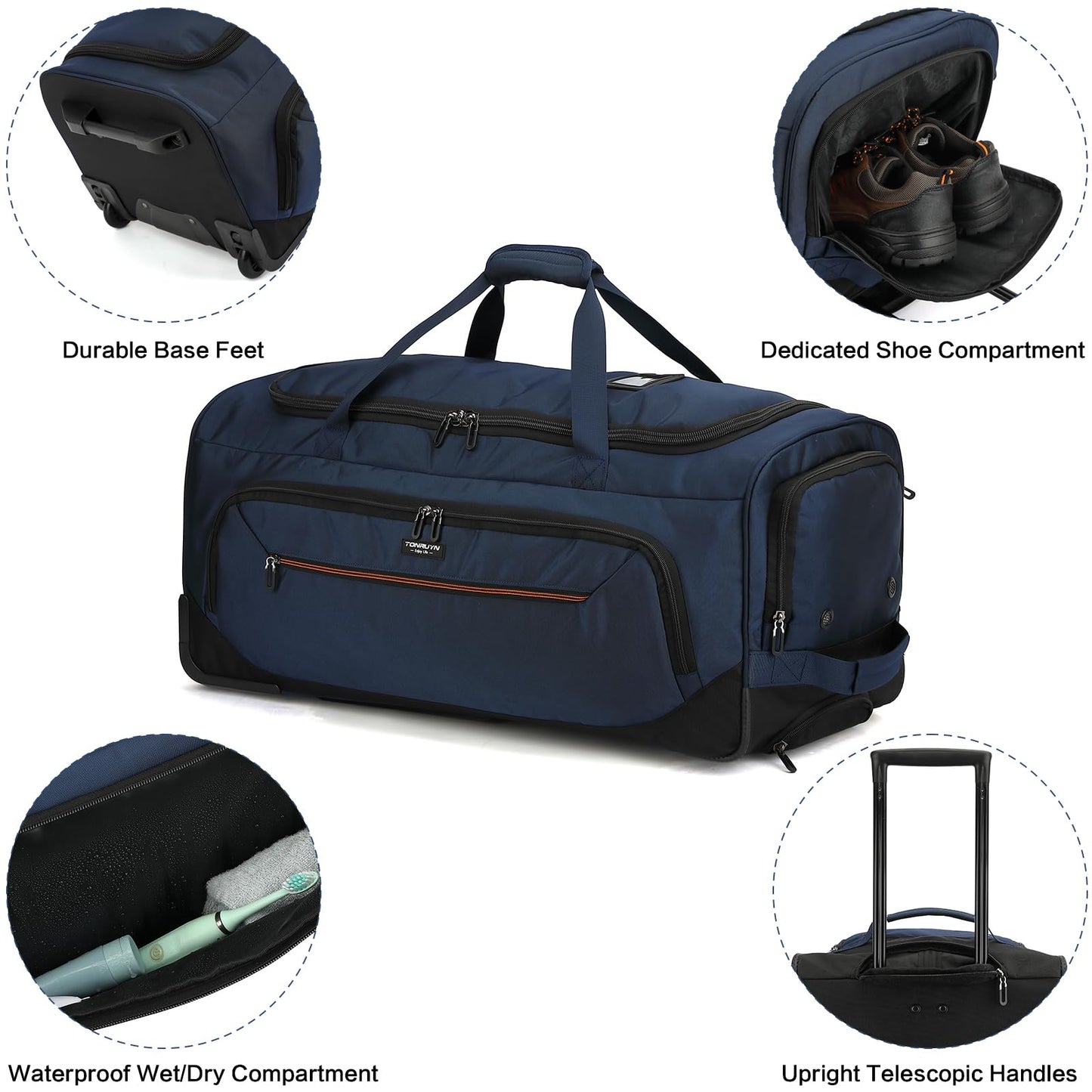 TONRUYN Large Rolling Duffle Bag with Wheels and Handle 85L 29 inch Travel Duffel Bag for Men Women with Shoe Compartment & Wet Pocket, 2 Wheeled Checked Luggage for Business Travel Long Trips, Blue