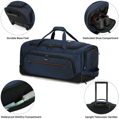 TONRUYN Large Rolling Duffle Bag with Wheels and Handle 85L 29 inch Travel Duffel Bag for Men Women with Shoe Compartment & Wet Pocket, 2 Wheeled Checked Luggage for Business Travel Long Trips, Blue