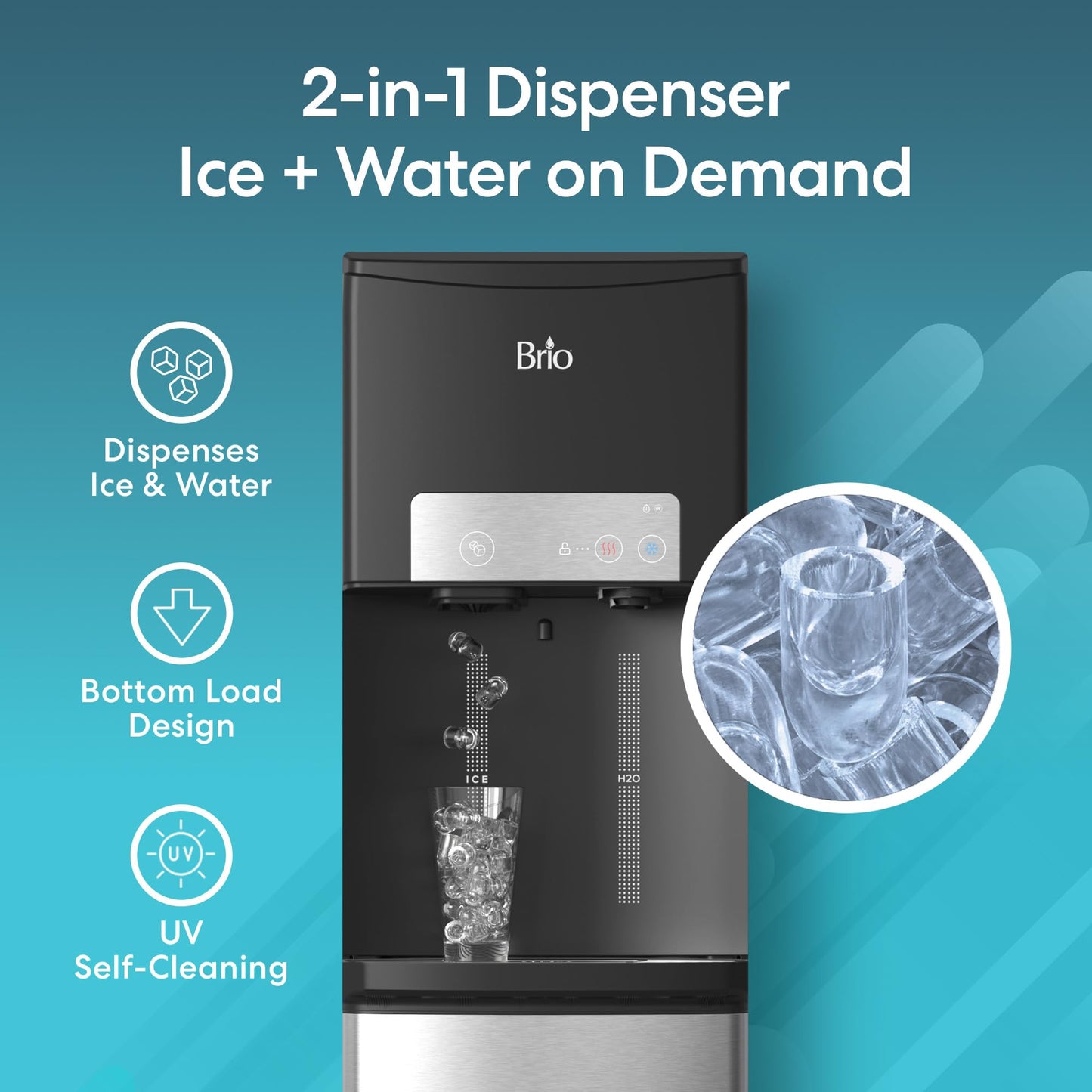 Brio ICE 420 Water Cooler Dispenser for 5 Gallon Bottle with Ice Maker, Bottom Load | UV Self Cleaning Technology, Night Light, Child Safety Lock & 2X Fast Dispense | NSF Certified - Black & Stainless
