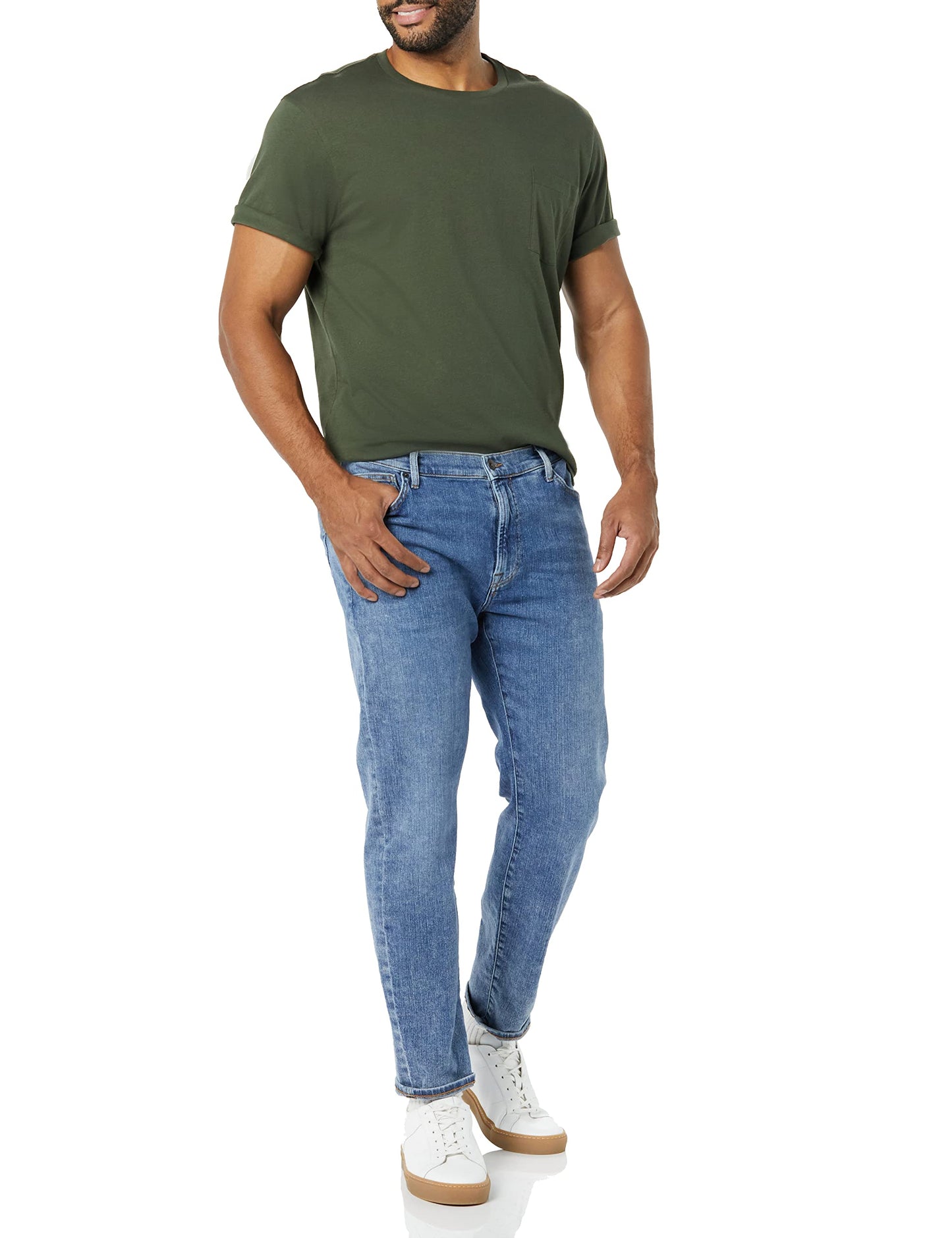 Amazon Essentials Men's T-Shirts, Short-Sleeve Crewneck Pocket, Cotton, 2-Pack, Medium, Black/Olive
