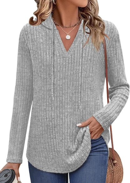 Lylinan Womens Cozy Knit Sweaters Hoodies Ribbed V Neck Pullover Sweatshirts for Fall Outfits S-XXL