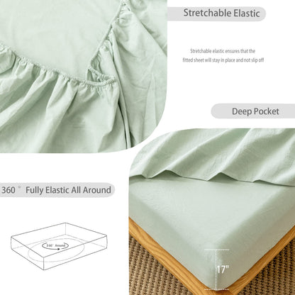 MooMee Fitted Bottom Sheet Only 100% Washed Cotton Linen Like Textured Breathable Durable Soft Comfy Deep Pocket Fits Mattress up to 17" (Sage Green, Queen)