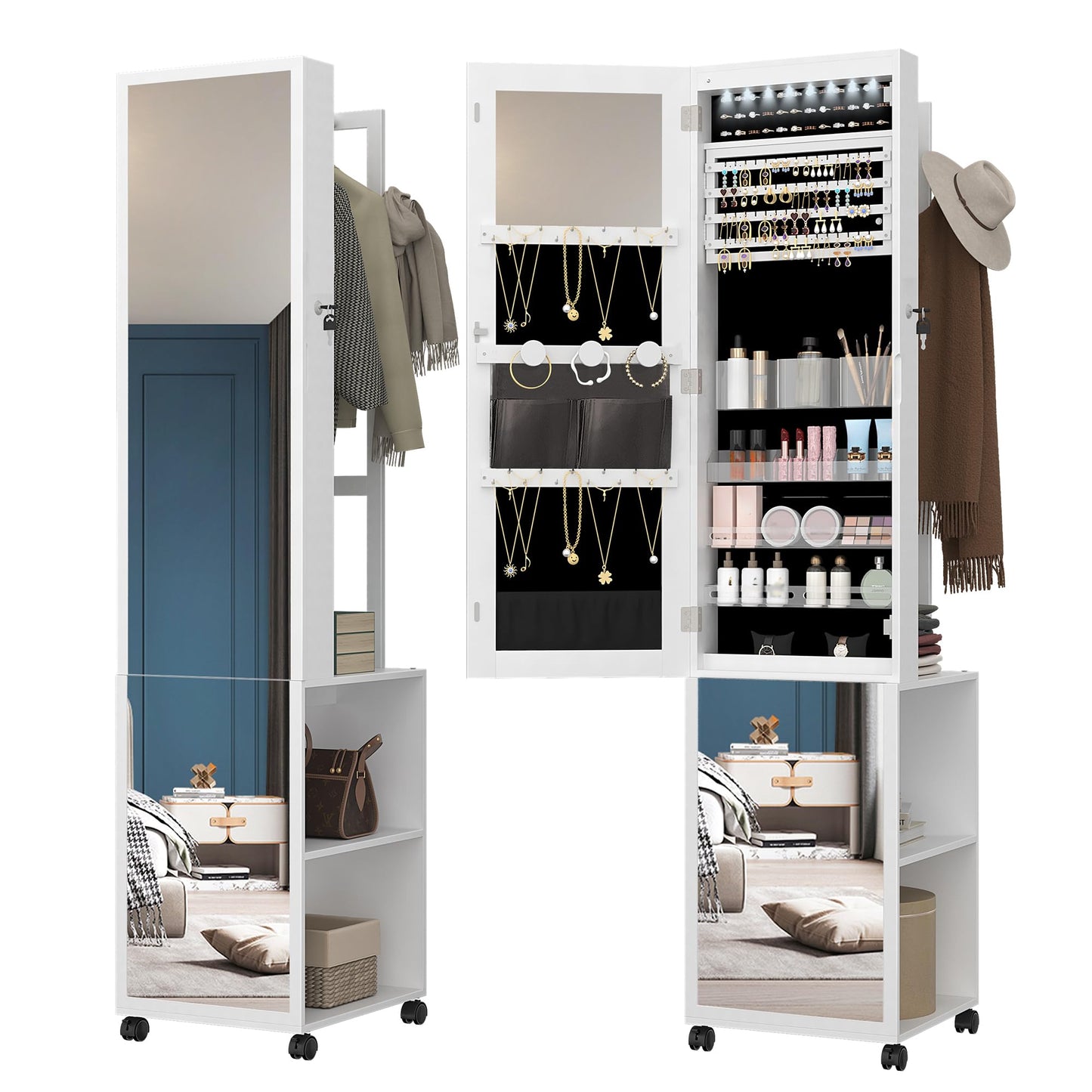 Hzuaneri 8 LEDs Jewelry Cabinet Armoire, 66.9-inch Jewelry Organizer with Garment Rack, Lockable Full-length Mirror with 4 Wheels, Storage Shelves with Hooks, 5-in-1, White and Beige JC17003B