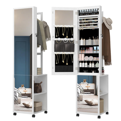 Hzuaneri 8 LEDs Jewelry Cabinet Armoire, 66.9-inch Jewelry Organizer with Garment Rack, Lockable Full-length Mirror with 4 Wheels, Storage Shelves with Hooks, 5-in-1, White and Beige JC17003B