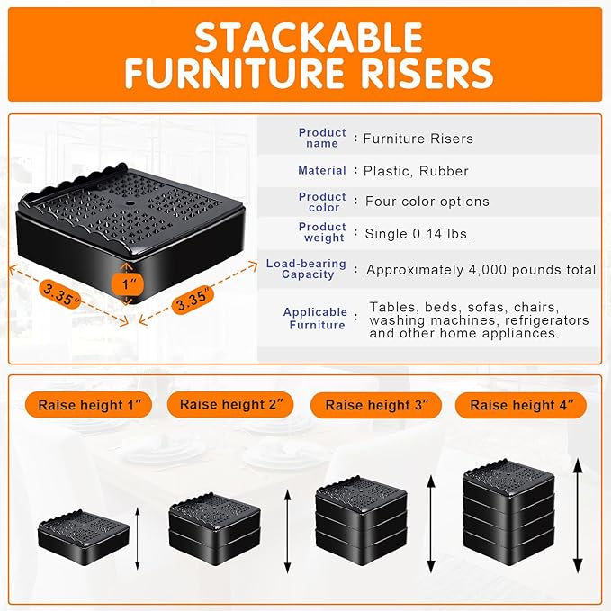 Furniture Risers Heavy Duty Adjustable Bed Risers Blocks Lift 4, 2 inches