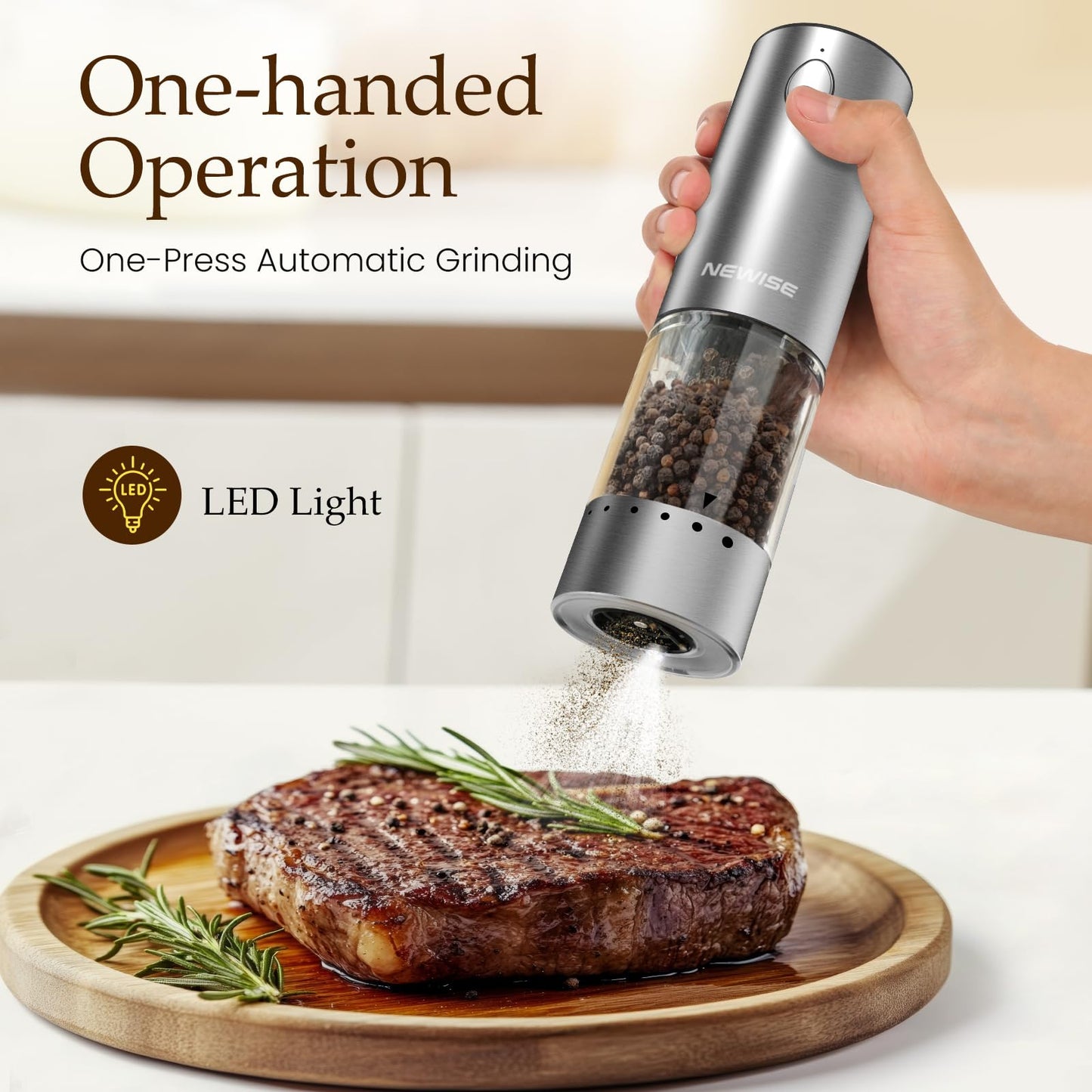 Newise Electric Salt and Pepper Grinder Set - Rechargeable Stainless Steel Salt and Pepper Shakers with LED Lights, Adjustable Coarseness, Large Capacity, Kitchen Appliances Gifts for Women