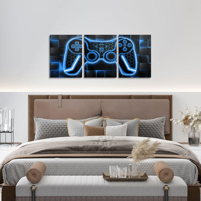 Feelyou Gamer Canvas Wall Art Gaming Bathroom Wall Art for Home Decor 12"x16" 3 Piece for Teens Bedroom Decor Lighting Honeycomb Office Wall Artwork Posters Blue and Black Geometric Wall Painting