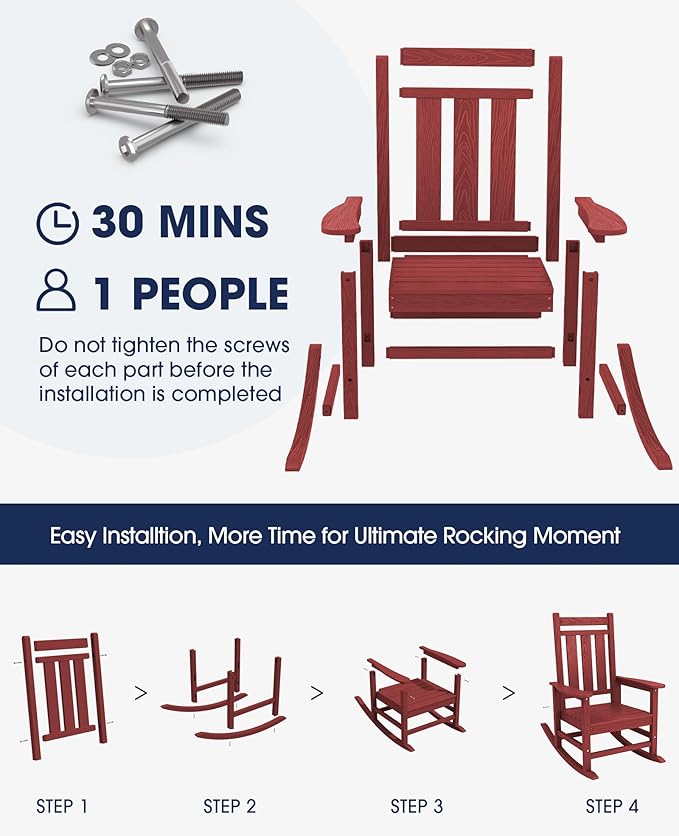 KINGYES Oversized Outdoor Rocking Chair Set of 4, All-Weather Patio Rocking Chairs for Porch, HDPE Outdoor Patio Rockers with High Back & Wide Seat for Garden, Lawn, Red