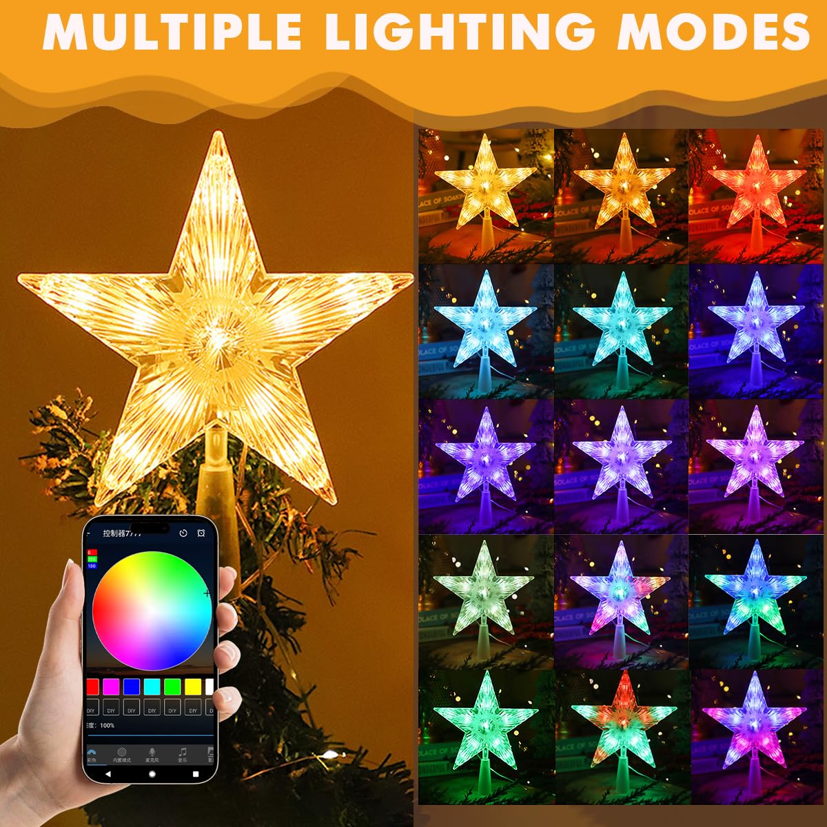 7In Smart Christmas Tree Topper Star, LED Lighted Star Tree Top, Star RGB Night Light Treetop, APP/Remote Remote, Sync Musical, for Xmas Holiday Party Gift Décor, Charging Plug not Included