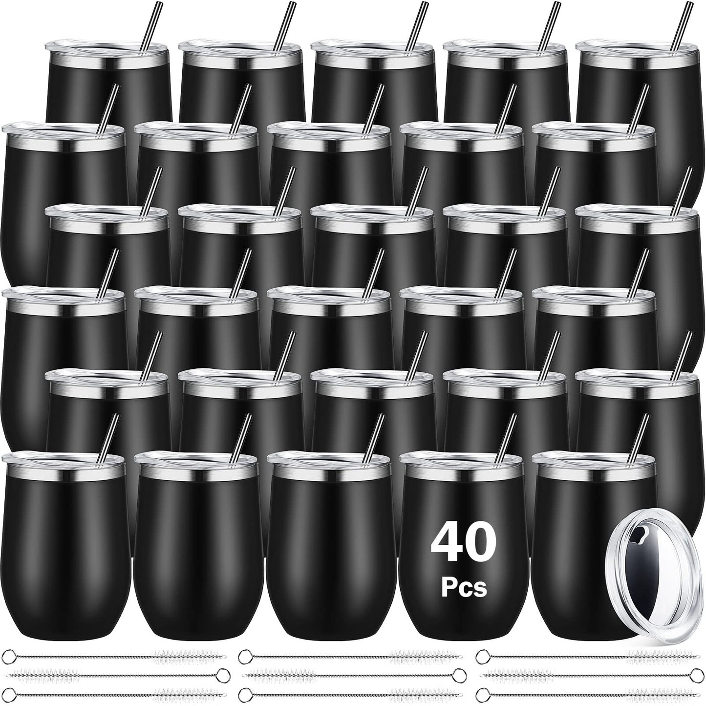 Sieral 40 Pack Insulated Wine Tumblers Bulk 12oz Stainless Steel Wine Cups with Lids & Straws, Double Wall Vacuum Coffee Tumbler for Wedding Party, Employee Teacher Nurse Gifts(Black)
