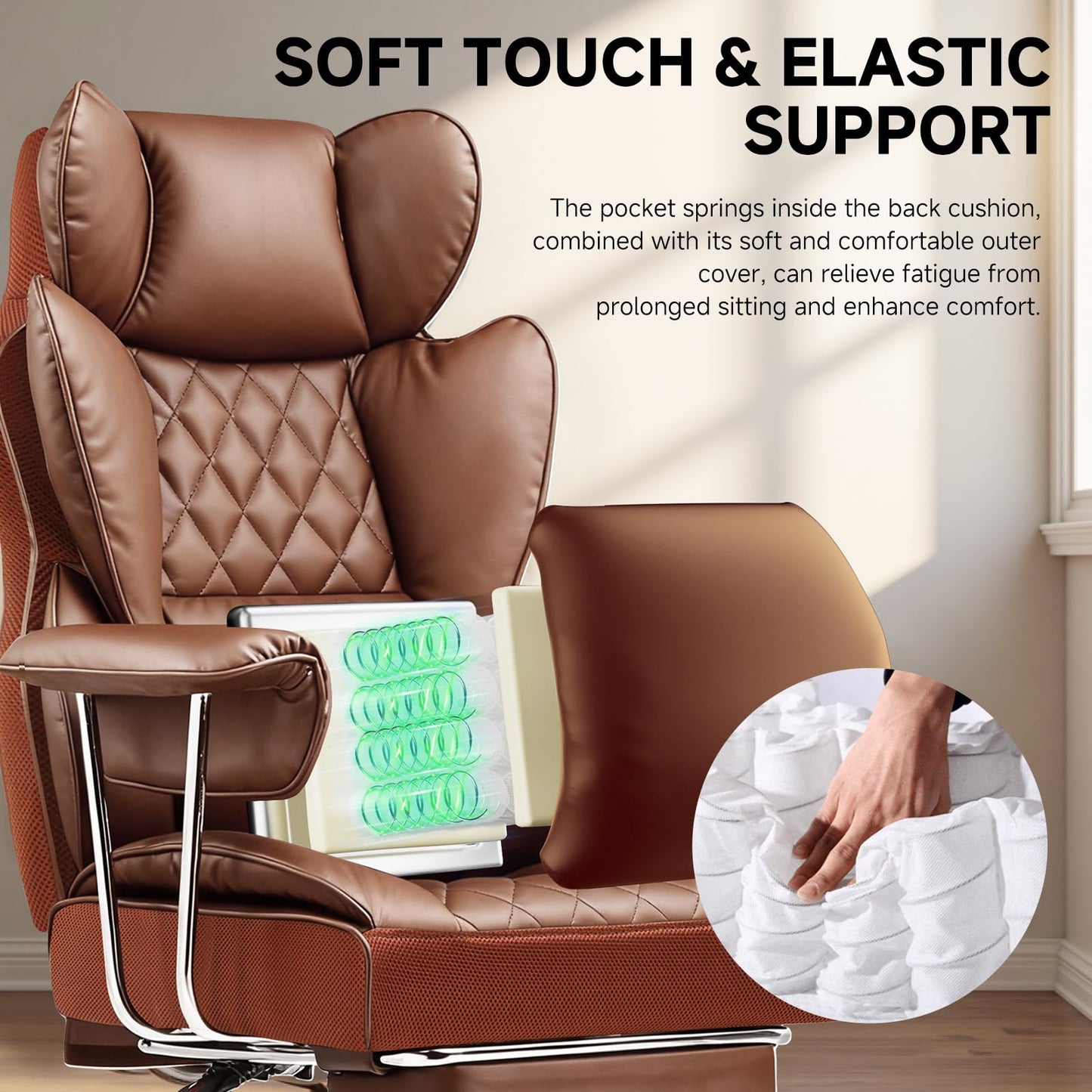 COMHOMA Big and Tall Office Chair, High Back Leather Gaming Chair with Footrest, Executive Ergonomic Office Chairs with Pocket Spring Lumbar Support and with Outward Fixed Soft Armrests