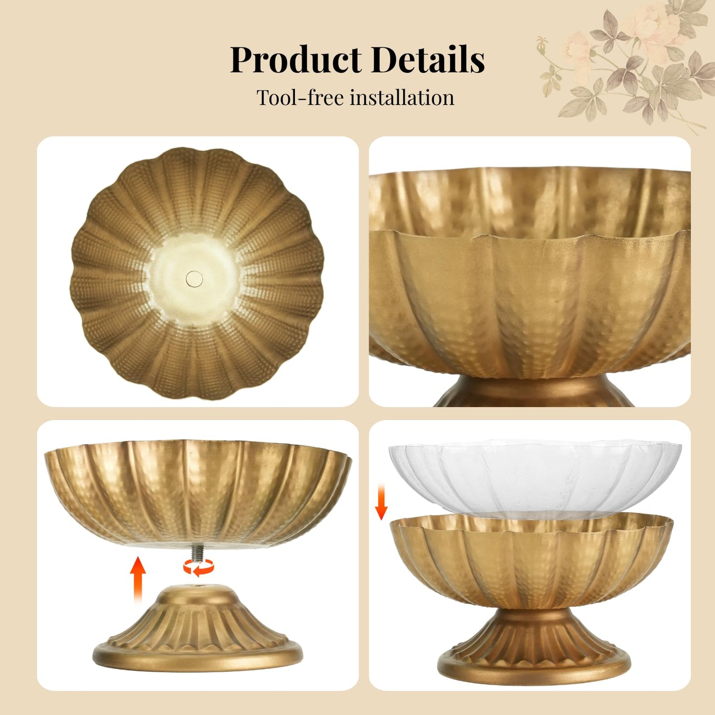 Set of 8 Antique Gold Compote Vases, 7.1" W x 3.94" H Metal Pedestal Vase for Centerpiece, Small Brass Compote Bowls for Floral Arrangements, Table Decor for Wedding Events Parties Decoration