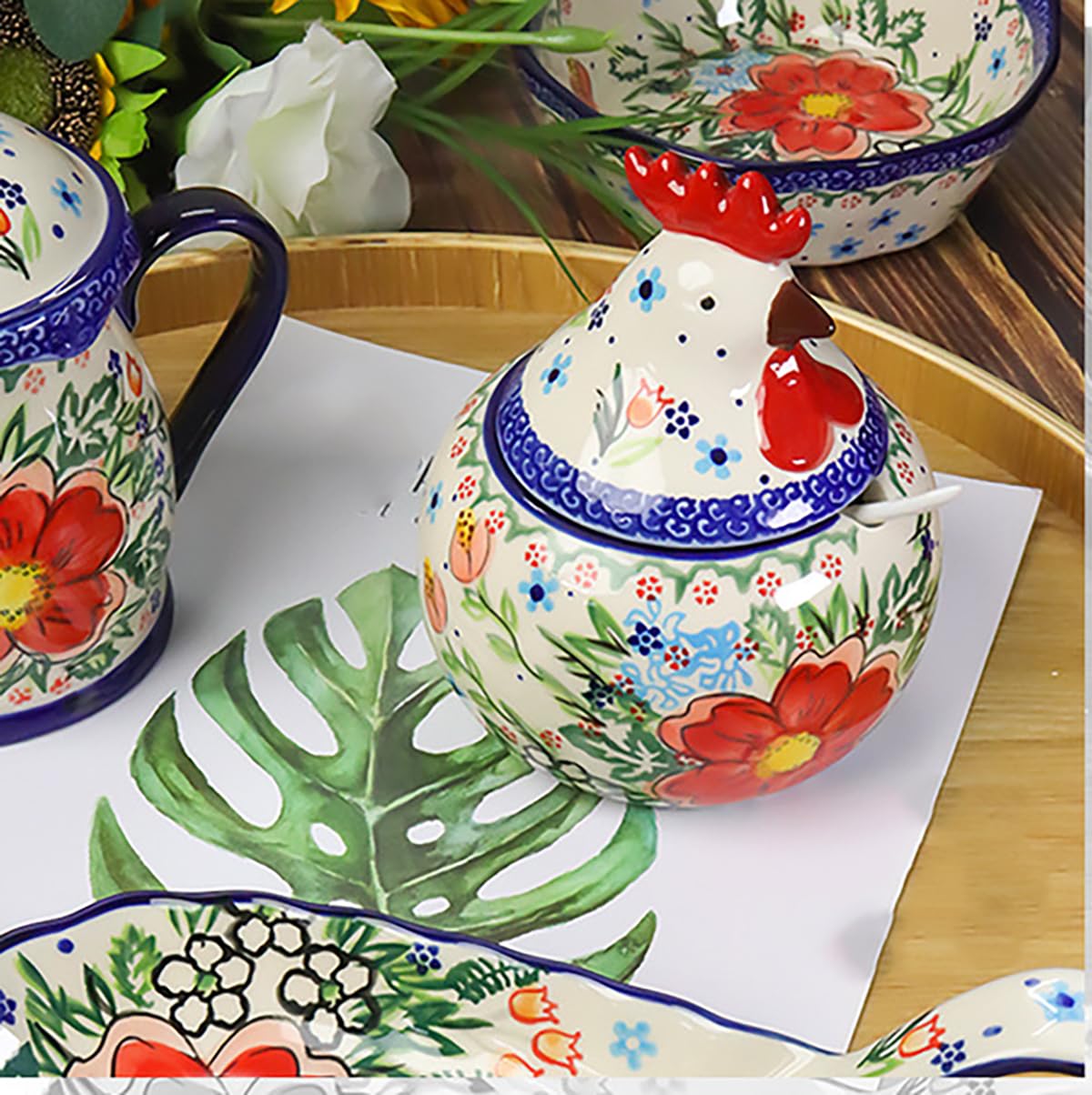 Bicuzat Vintage Flower Pattern Ceramic Sugar Bowl, Rooster Shaped Salt Bowl with Lid, Retro Cock Bowl Condiment Pot for Home and Kitchen, 12 OZ