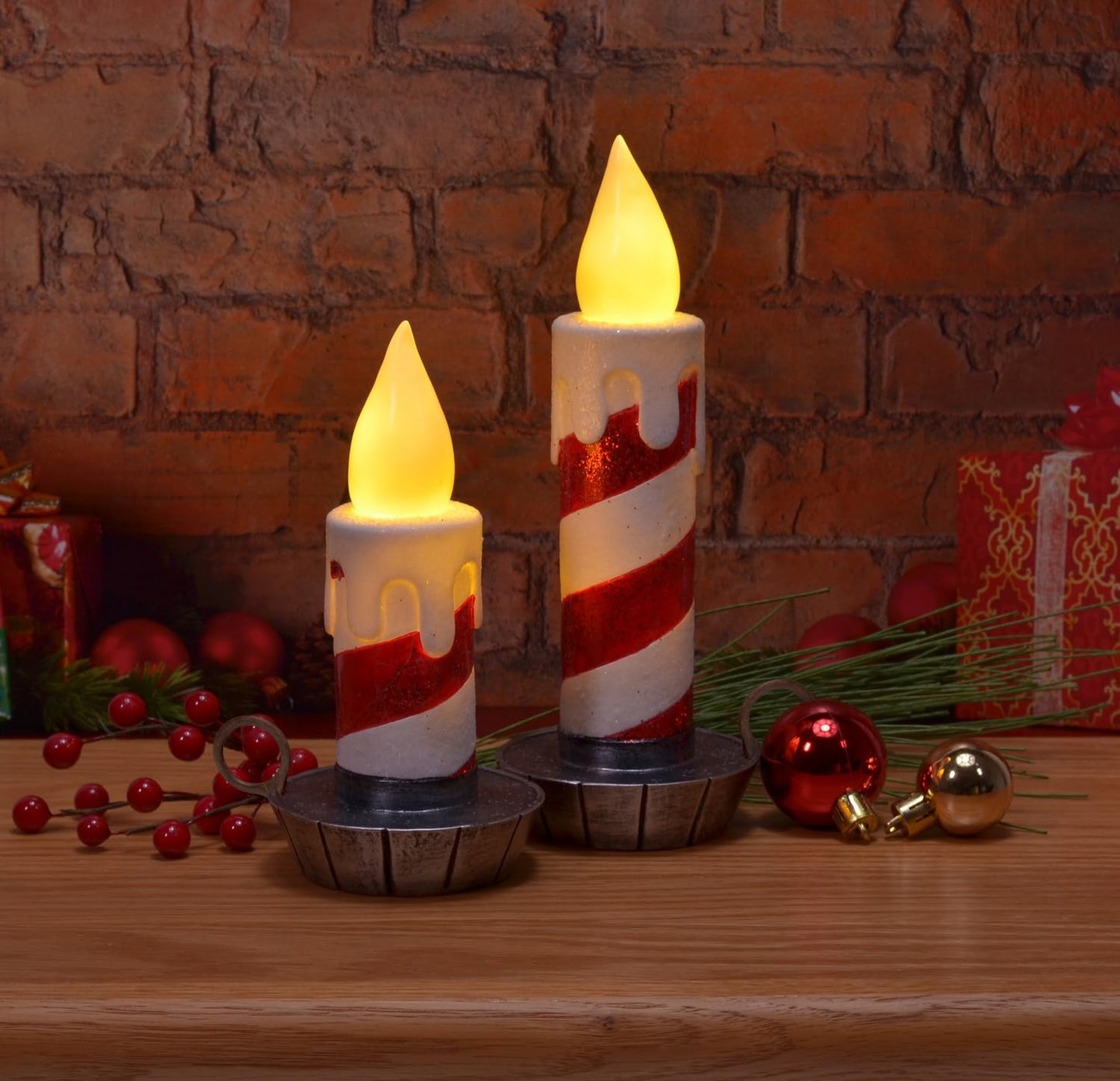 Mark Feldstein & Associates Flameless LED Candy Striped Holiday Taper Chamberstick Candles, Set of 2, 6 and 8 Inch