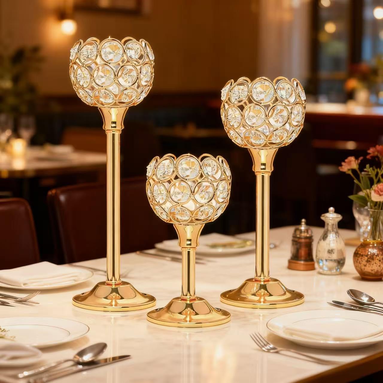 HearthLume Candle Holder Candlestick Holders- 6Set Gold Crystal Pillar Candle Holders,Metal Candlestick Stands for Wedding Centerpieces,Table Decor for Church,Valentine's Day Housewarming Gift,18Pcs