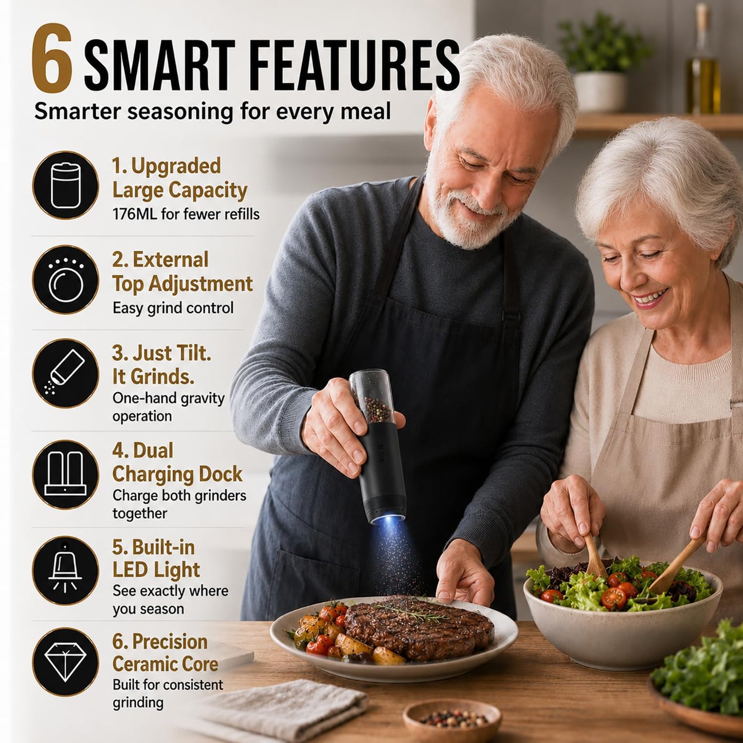 FAMAWO Gravity Electric Salt and Pepper Grinder Set, Rechargeable Automatic Mills with Charging Base, 6-Level Adjustable Coarseness, LED Light, Matte Black, 2-Pack
