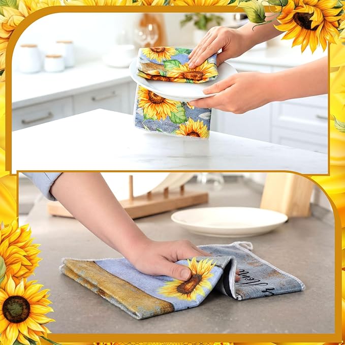 Bencailor 4 Pcs Sunflower Kitchen Towels Farmhouse Wood Grain Hand Dish Towels