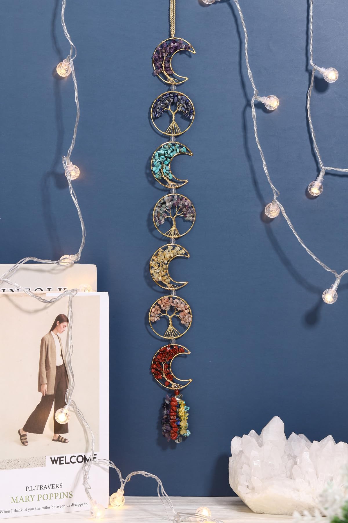 Top Plaza Life Tree Chakra Stones Decor Raw Healing Crystals Gemstones 7 Chakra Hanging Ornament Boho Moon Wall Decoration for Good Luck Yoga Meditation Feng Shui Decor