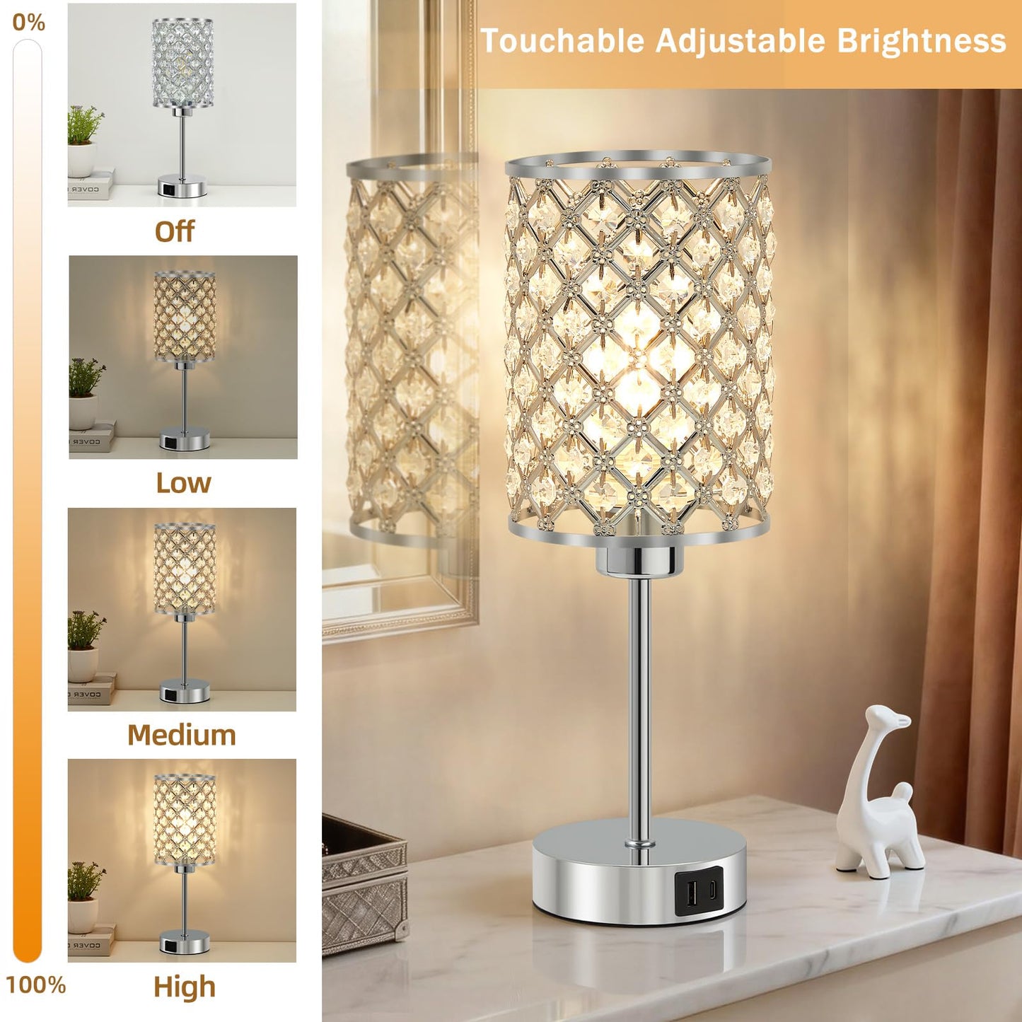 GyroVu Crystal Touch Table Lamp for Bedroom, Silver Desk Lamp with USB-C & USB-A Ports, Dimmable Modern Bedside Lamp for Nightstand, Living Room & Home Office - LED Bulb Included