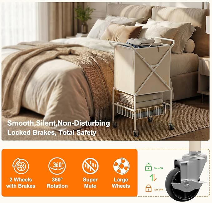 Laundry Basket with Wheels:88L Rolling Laundry Cart Foldable Metal Frame Dirty