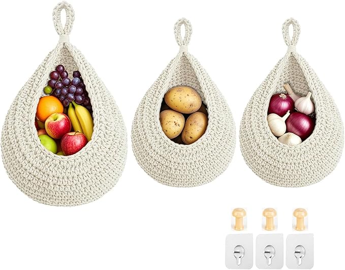 Hanging Fruit Baskets for Kitchen, 3 Pack Boho Cotton Rope Handwoven Vegetable