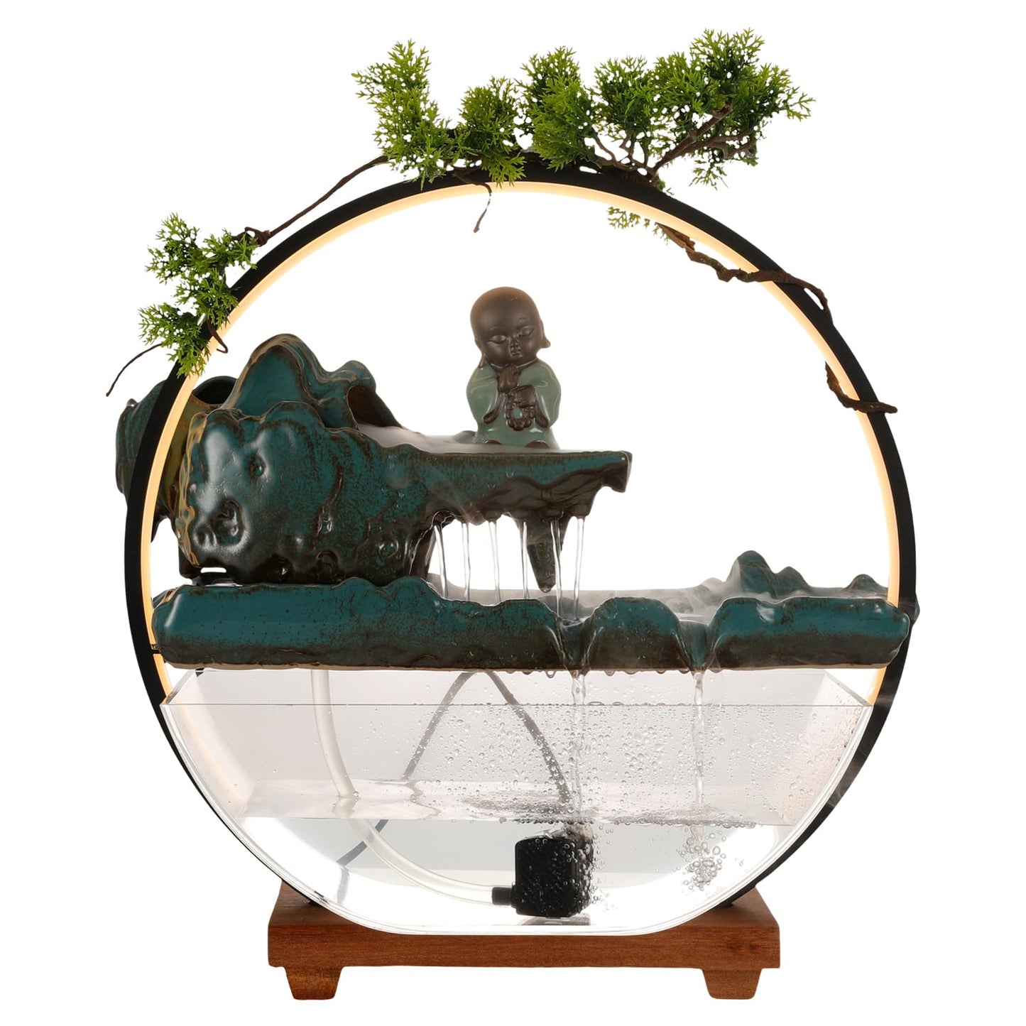 Unnsiapit Tabletop Water Fountains, H16.5in Indoor Waterfall Clear Fish Tank with LED Light & Mist, Backflow Incense Holder Feng Shui Decor for Meditation Entrance, Fish Tank Size L17.3*W5.3in