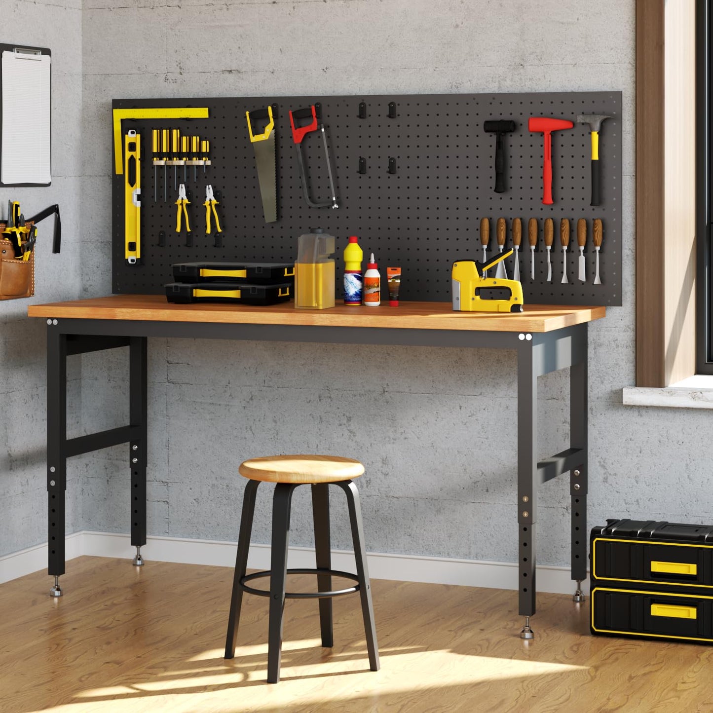 60" Adjustable Height Garage Workbench, 2200 LBS Capacity Solid Wood Work Bench Table, Heavy Duty Work Station for Garage, Shop, Home, Office