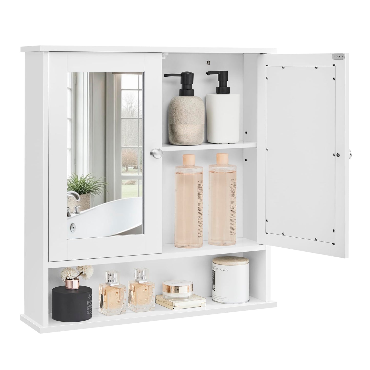 VASAGLE Bathroom Cabinet with Mirror, Wall Cabinet with 2 Mirrored Doors and Open Compartment, Adjustable Shelf, Wall-Mounted, 13 x 56.5 x 58.5 cm, White LHC002