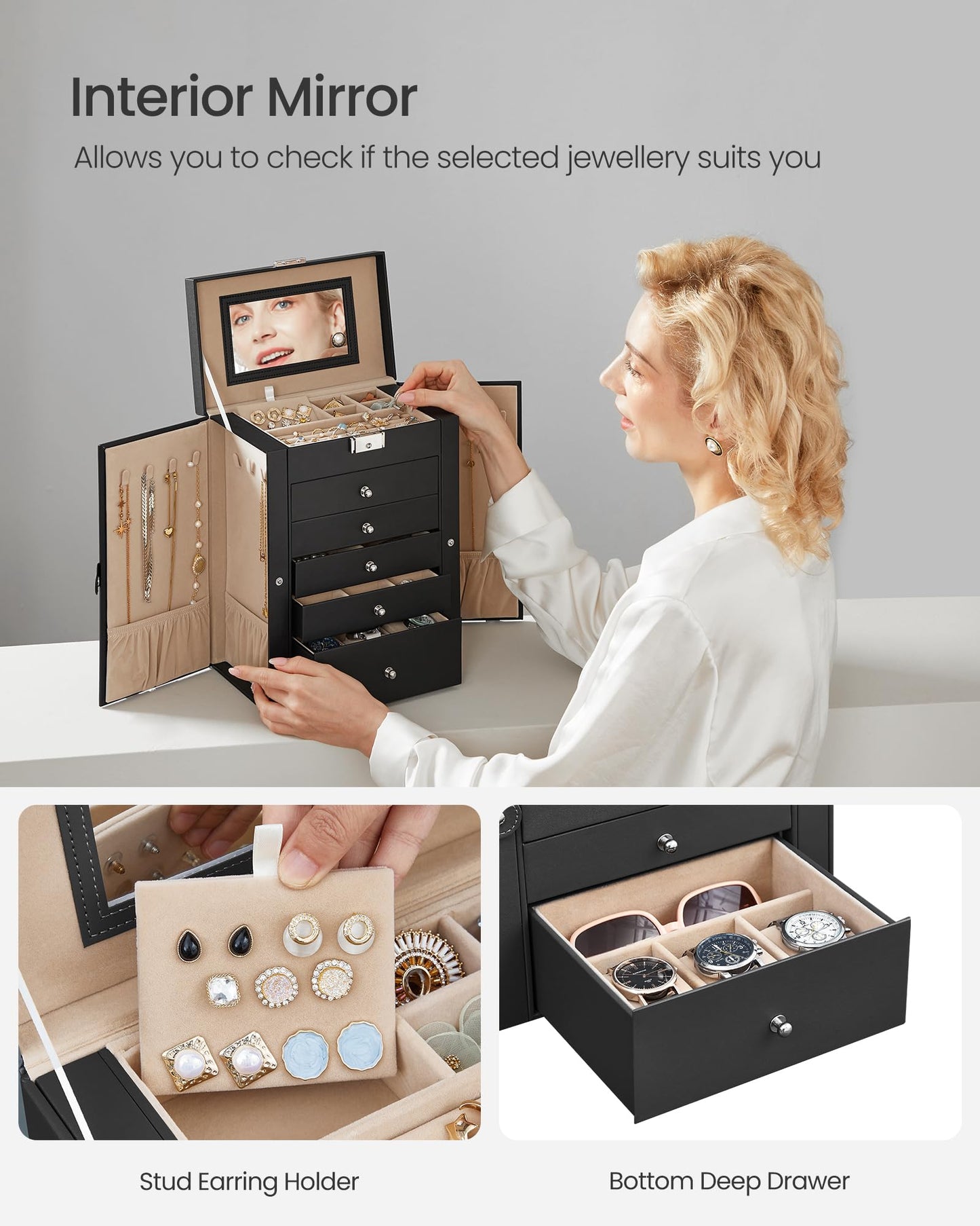 SONGMICS Jewellery Box 6 Tiers, Jewellery Case with 5 Drawers, Large Storage Capacity, with Mirror, Lockable, Jewellery Storage Organiser, Gift for Loved Ones, for Watches, Black JBC152B01