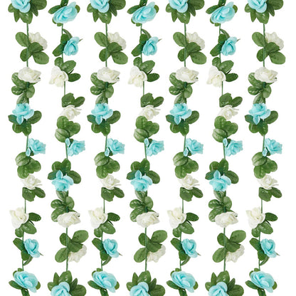 PONKING 8 Pcs x 8.2 ft Flower Garland Artificial Rose Vine Flowers with Green Leaves Hanging Fake Roses Vine for Room Party Home Wedding Birthday Christmas Wall Arch Decor, White Blue Flower