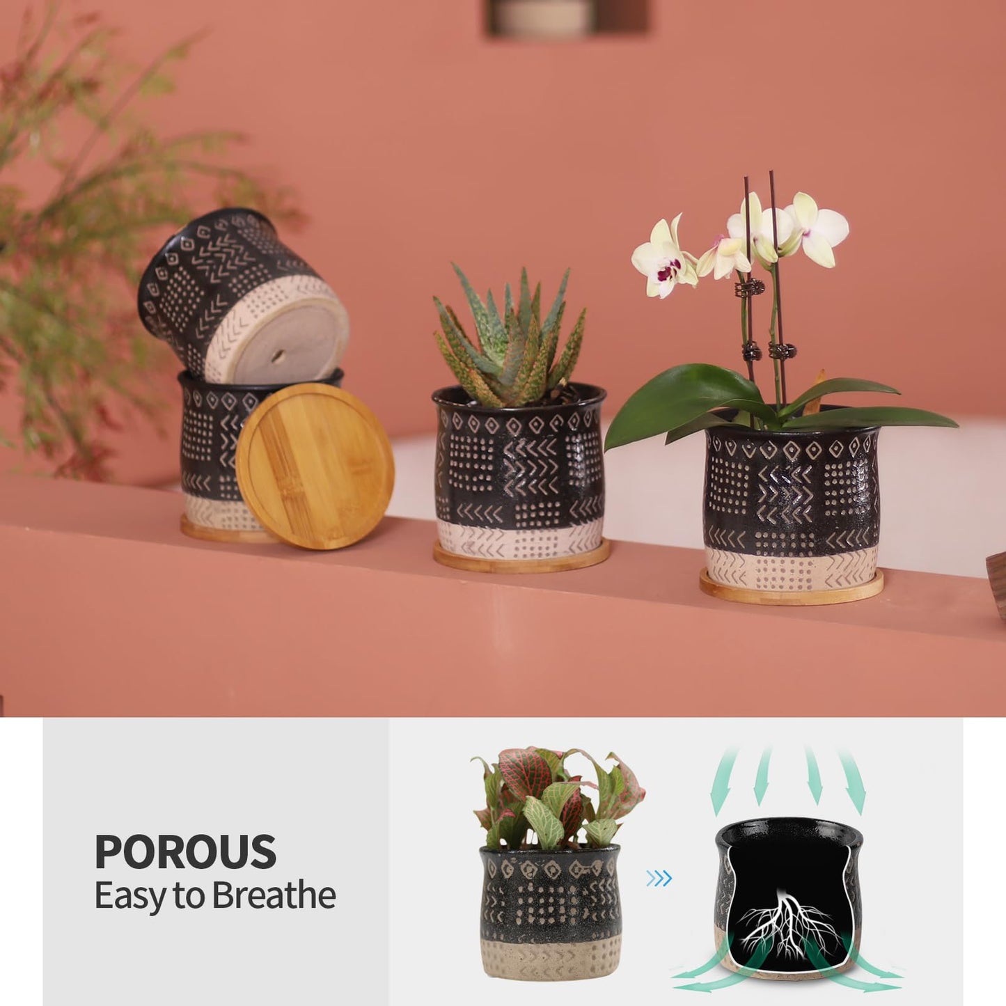 BABALIU 5.5 Inch Ceramic Plant Pots with Drainage Holes and Trays, Creative Retro Totem Planter Pot with Bamboo Saucers for Indoor Flowers, Succulent, Snake Plants, Cactus & Herbs, Black, Set of 4