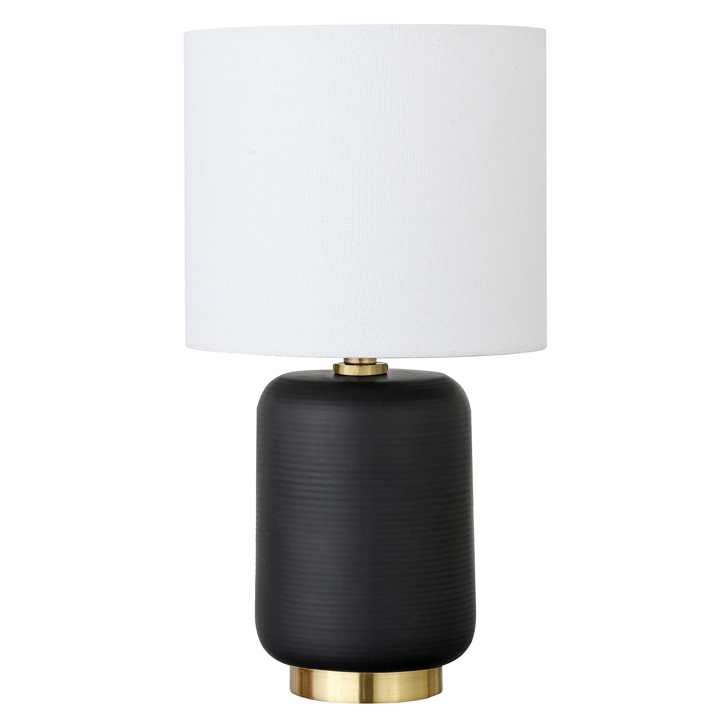 Henn&Hart 15" Modern 1-Light Table Lamp with Chiffon White Fabric Drum Shade for Living Room, Bedroom, or Office, Flat Black