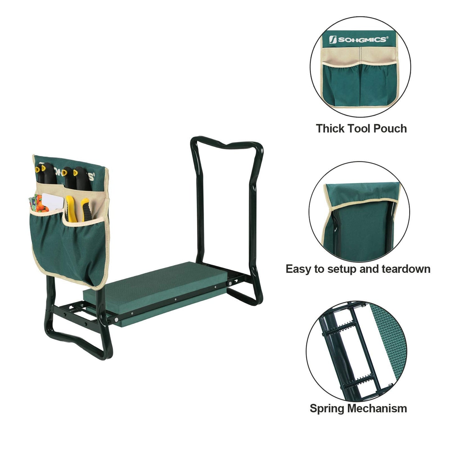 SONGMICS Garden Kneeler and Seat, Multifunctional Garden Kneeling Bench, Gardening Gifts for Women Men, Folding Gardening Stool, with 1 Tool Bag, 6-Inch Wide Kneeling Pad, Dark Green UGGK49L