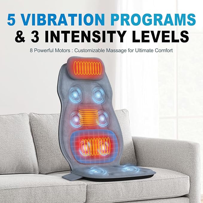 Back Massager with Heat, Full Body Massage Pad with Pillow Neck Support, Soft Plush Fabric Cover, Chair Massager with 3D Lumbar Truction and 8 Vibration Motors, Gifts for Dad Mom, Home Office Use