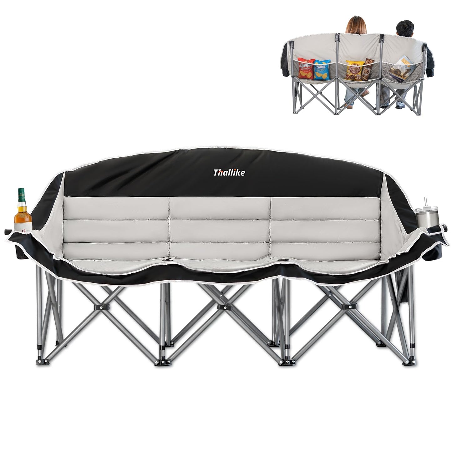 Thallike Double Camping Chair – 2-3 Person Outdoor Folding Sofa with Cup & Wine Glass Holders – Oversized Loveseat Camping Couch for Campfire, RV, Backyard – Supports Up to 1050 lbs