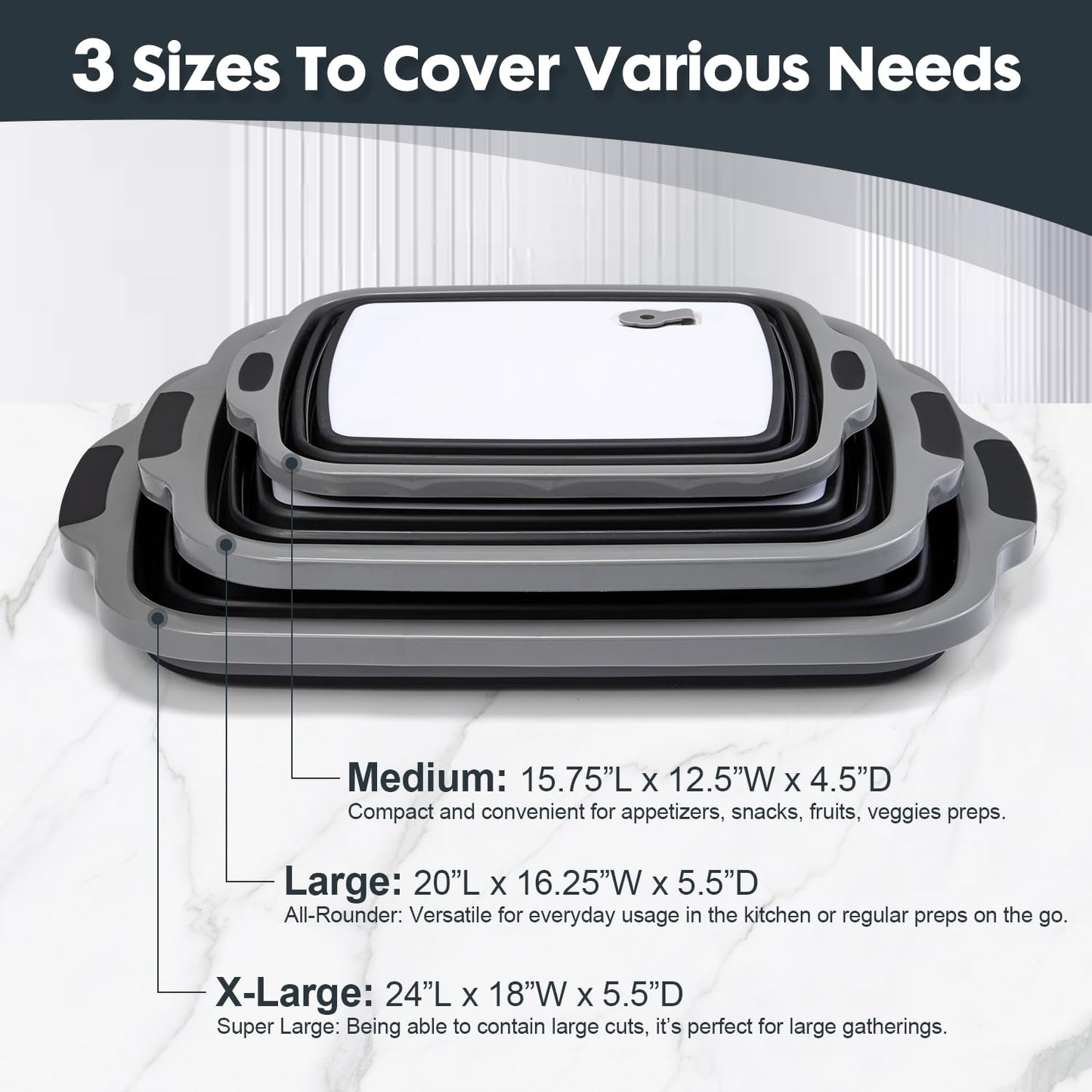 TANOSHII 3-Piece Collapsible BBQ Prep Tubs with Lids and Built-in Cutting Board – For Meal Prep Marinating Food Storage&Washing – Picnic Camping – Set of 3 – (1) Medium + (1) L + (1) XL – Black