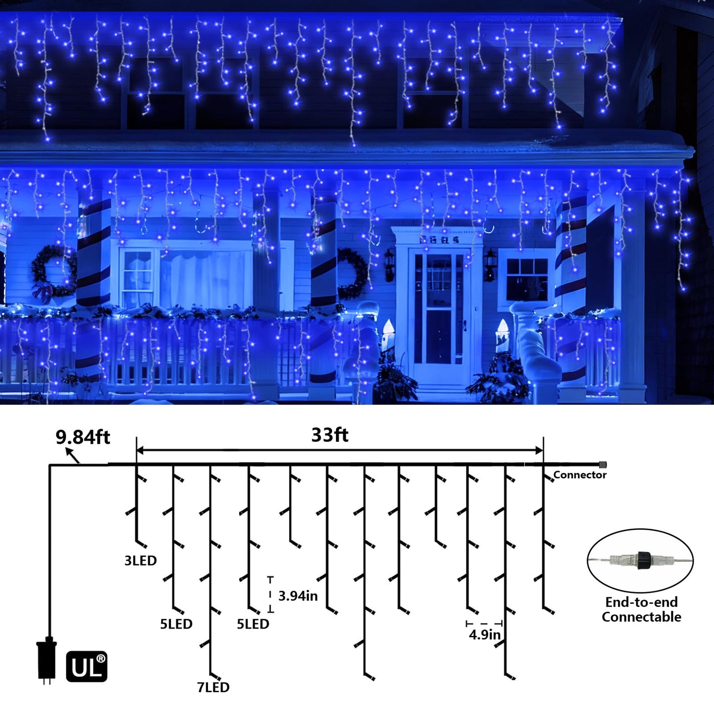 QITONG Blue Icicle Lights for Outside, 33ft 400 LED String Lights Plug in with 8 Modes, Clear Wire Connectable Icicle Christmas Light Indoor
