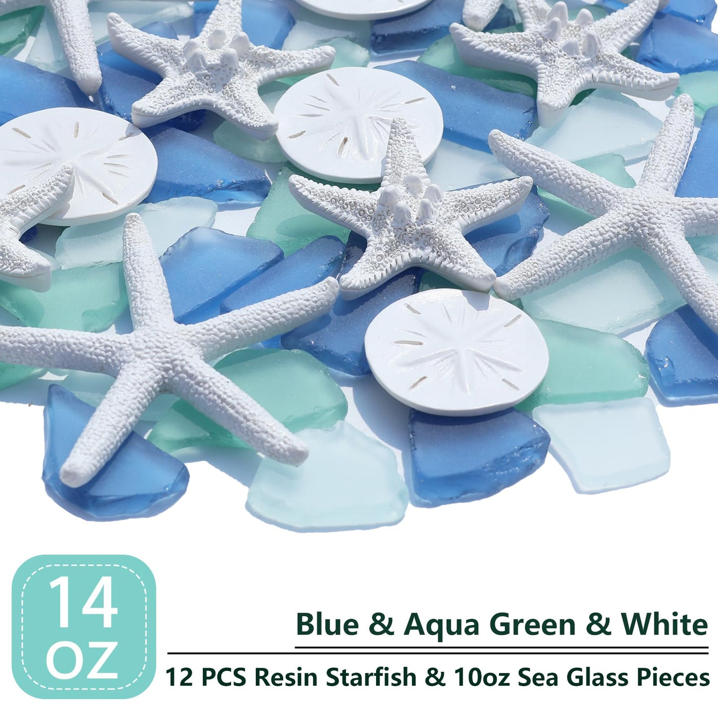 QYGL 12 Resin Starfish & 10oz Sea Glass Decor - Frosted Seaglass Pieces & Starfish Sand Dollar for DIY Crafts, Beach Weddings, Vase Filler, and Home Decor Ornaments (Blue, Aqua Green, White)