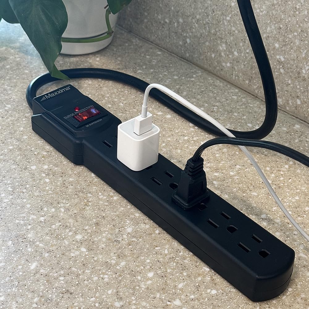 Maxxima 4-Pack 6 Outlet Power Strip Surge Protector - 300 Joules, Features Red On/Off Switch, Powers Multiple Electronics and Devices Simultaneously, Perfect for Home Appliances - Black