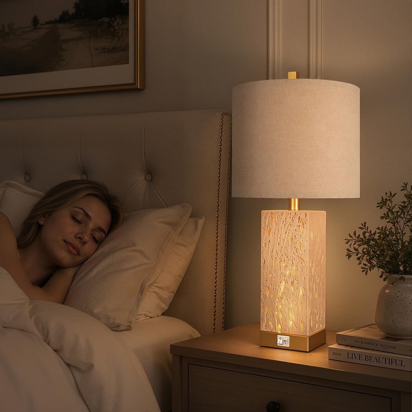 24" Modern Translucent Travertine Table Lamp Set of 2 with Night Light For Living Room,Natural Stone Desk Lamp with USB Ports.Farmhouse Bedside Nightstand Lamp Decor Bedroom home .Tradition End Lamp