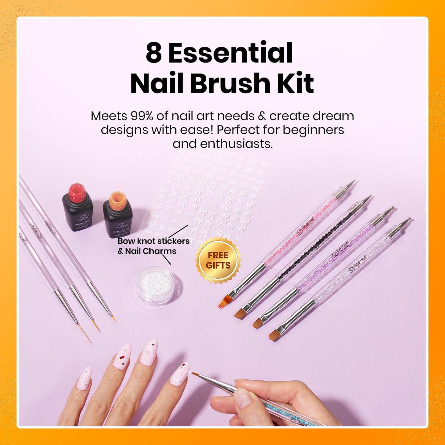 Beetles Nail Art Brushes 8pcs – Crystal Nail Art Tools 5pcs Double-headed Nails Dotting Tool, 3pcs Striping Liner Brushes for Nails with Pearls Bowknot Stickers, DIY Home Salon Manicure Design Tools