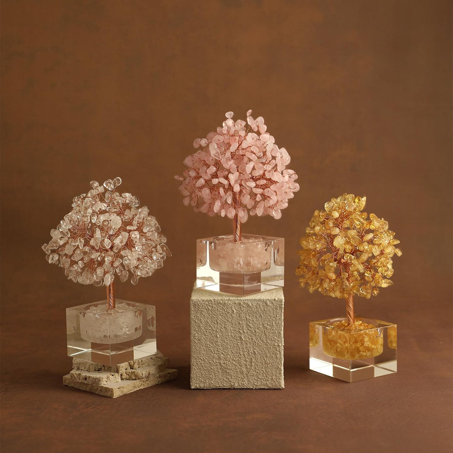 MAGIC AND MIRACLES Feng Shui Natural Rose Pink Quartz Crystal Money Tree Healing Crystals, Bonsai Style Decoration Office Home Desk Decor for Wealth Good Luck, Gifts for Women Mom Friends