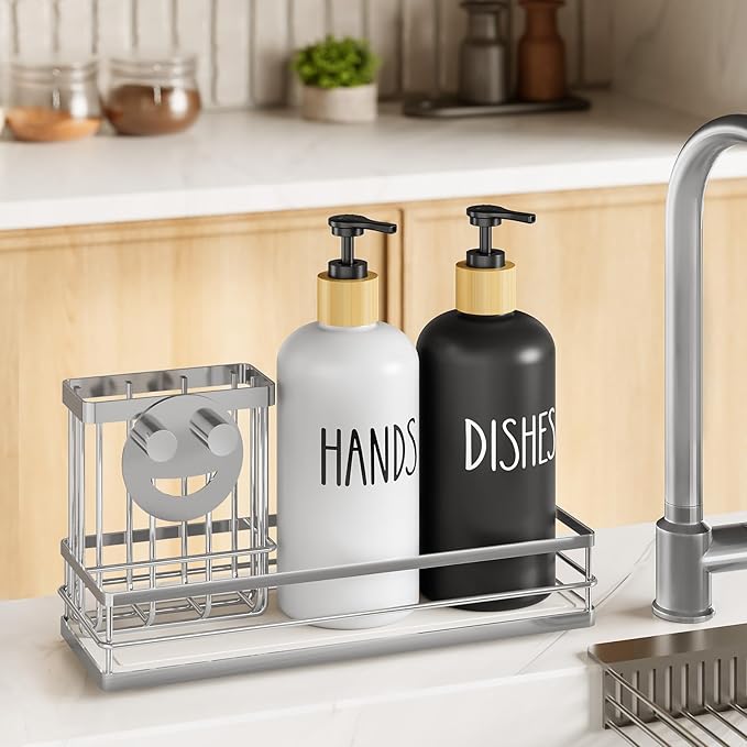 Moforoco Kitchen Dish Soap Dispenser Set, 16OZ Glass Bottle, Hand and Dish Soap