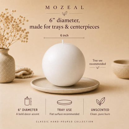 MOZEAL Hand-Poured, 6 Inch White Large Round Ball Candles - Elegant White Round Pillar Candles, Dripless, Unscented, Smokeless, Ideal for All Occasions.