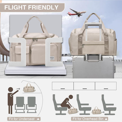 Beige Small Gym Bag for Women, Waterproof Travel Duffle Bag Carry On Weekender Bag with Shoe Compartment & Wet Pocket, Gym Tote Bag for Travel, Workout, Sport