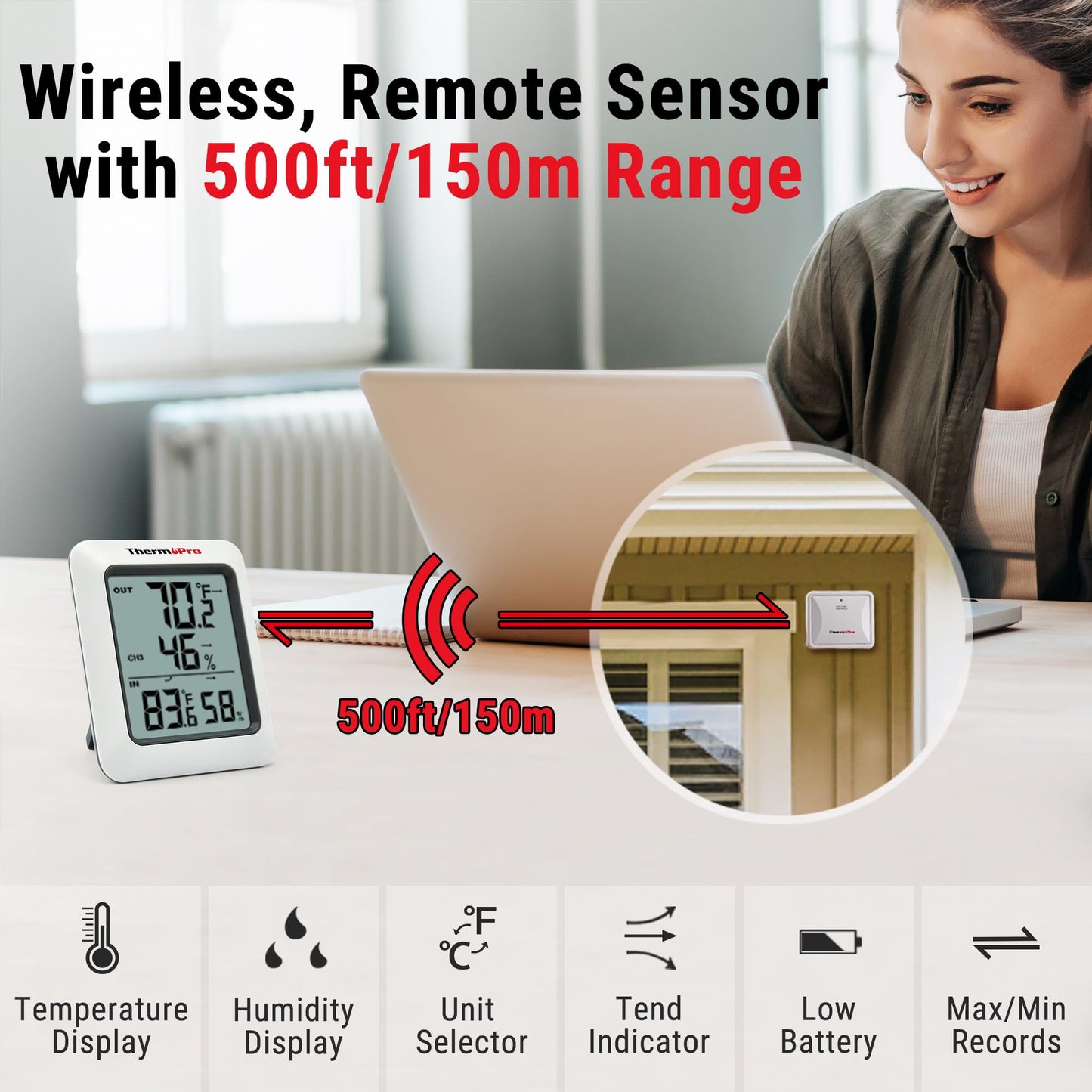 ThermoPro TP60 Digital Hygrometer Outdoor Thermometer Wireless Temperature and Humidity Gauge Monitor Room Thermometer with 500ft/150m Range Humidity Meter