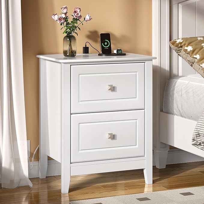 Bonnlo White Nightstand with Charging Station Night Stand White Wood Nightstand