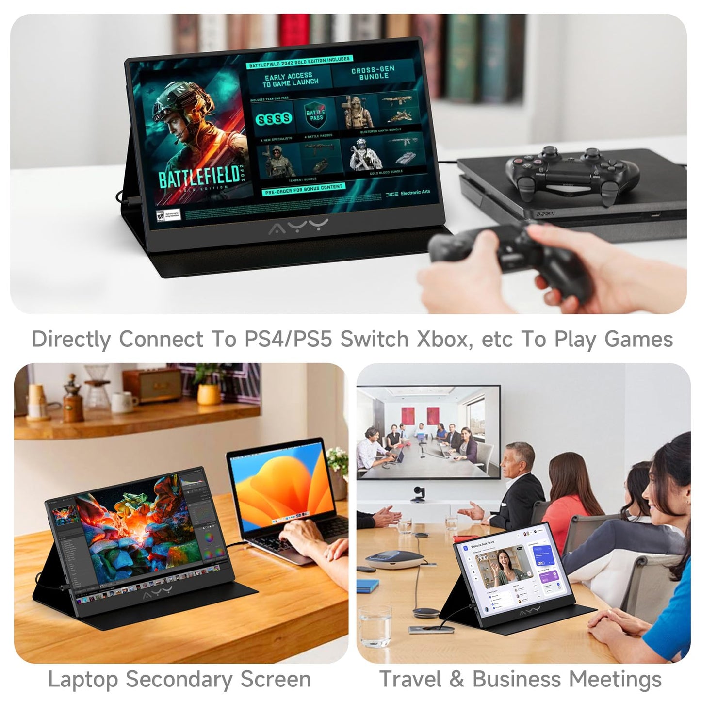 AYY Portable Monitor for Laptop 15 Inch, FHD 1080P USB-C HDMI Travel Monitor External for Computer, Second Display HDR IPS Gaming Monitor Extender for PC MAC Phone PS4/5 Xbox Switch, Built-in Speakers
