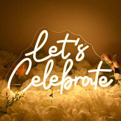 Planzo Let's Celebrate Led Neon Sign Light Wedding Gratuation Birthday Party Wall Sign Decor BackdropBedroom Bar Thanksgiving Christmas Banner USB 15.75" x 10.16"